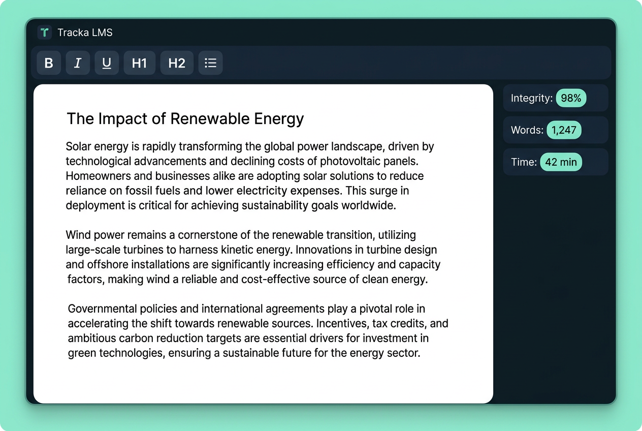 Tracka LMS writing workspace with editor toolbar, document outline, and live activity tracking